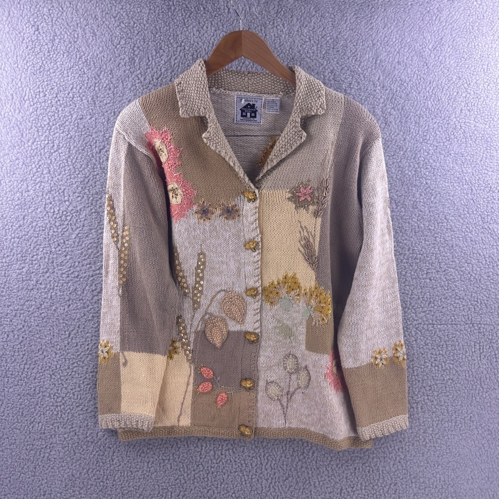Storybook Knits Floral Embroidered Cardigan Sweater Tan Brown Sequin Women Med